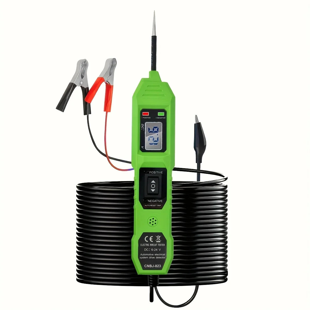 A green portable car circuit tester with a probe and LED voltage display next to a coil of wires.