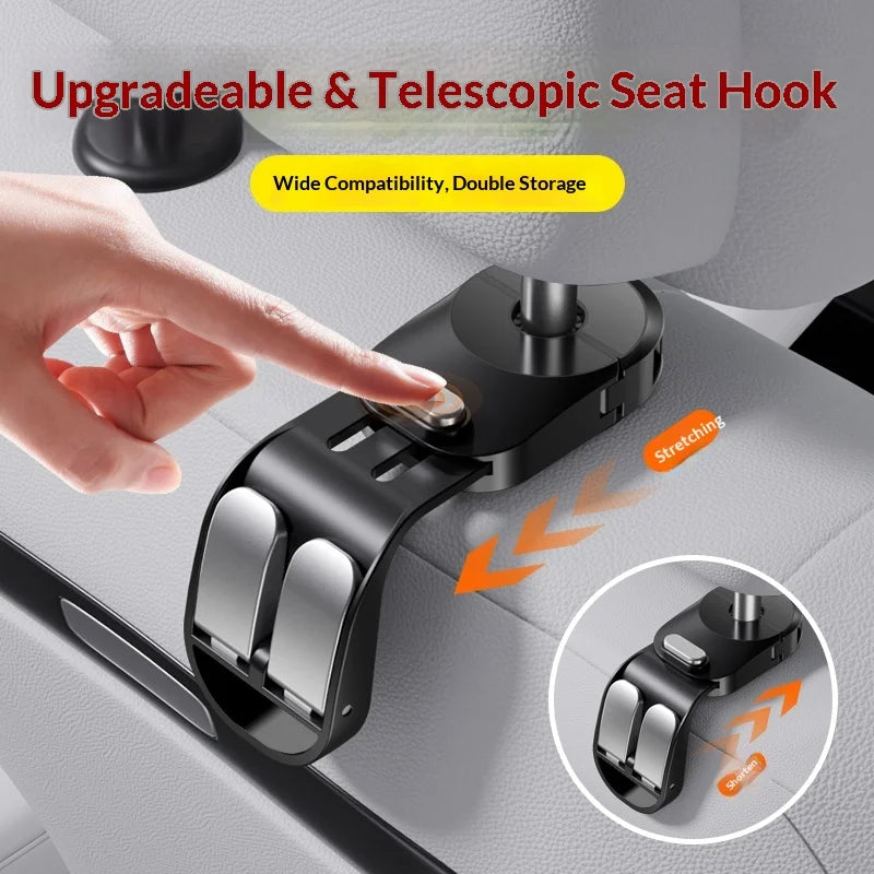A hand demonstrates an upgradeable and telescopic seat hook used for securing items in a car seat back organizer.