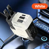 A white 120W multi-port car charger is shown plugged into a vehicle's port.