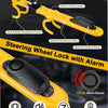 Yellow steering wheel lock with a black lever and alarm features vibration triggered, high-pitched sound, and rechargeable ba