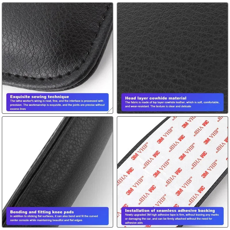 Premium leather knee pads for car driving showing sewing technique and installation details