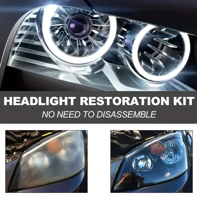 A kit for headlight restoration, showing a close-up of a restored automotive headlight lens.