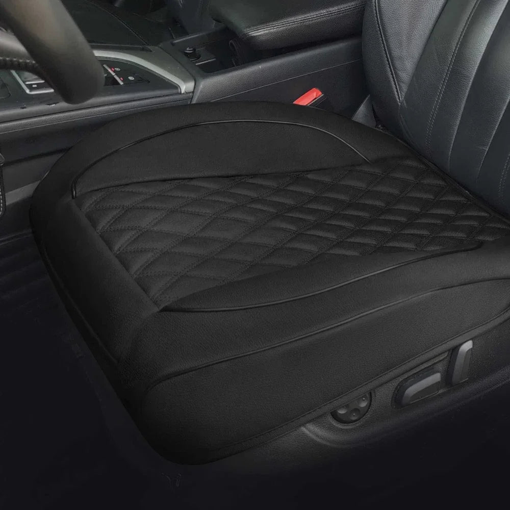 A black PU leather car seat cover protector for a driver's seat, featuring diamond stitching.
