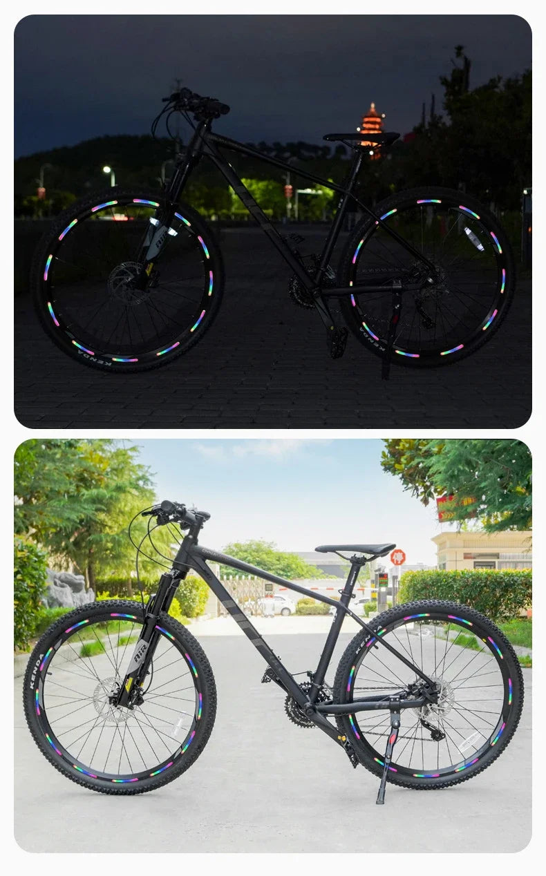 A black bicycle with multi-color reflective safety stickers on the wheels and frame, shown in two different lighting conditio