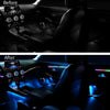 Vorher-Nachher-Vergleich von 18-in-1 RGB Ambient-LED-Streifen in der Auto-Innenausstattung.