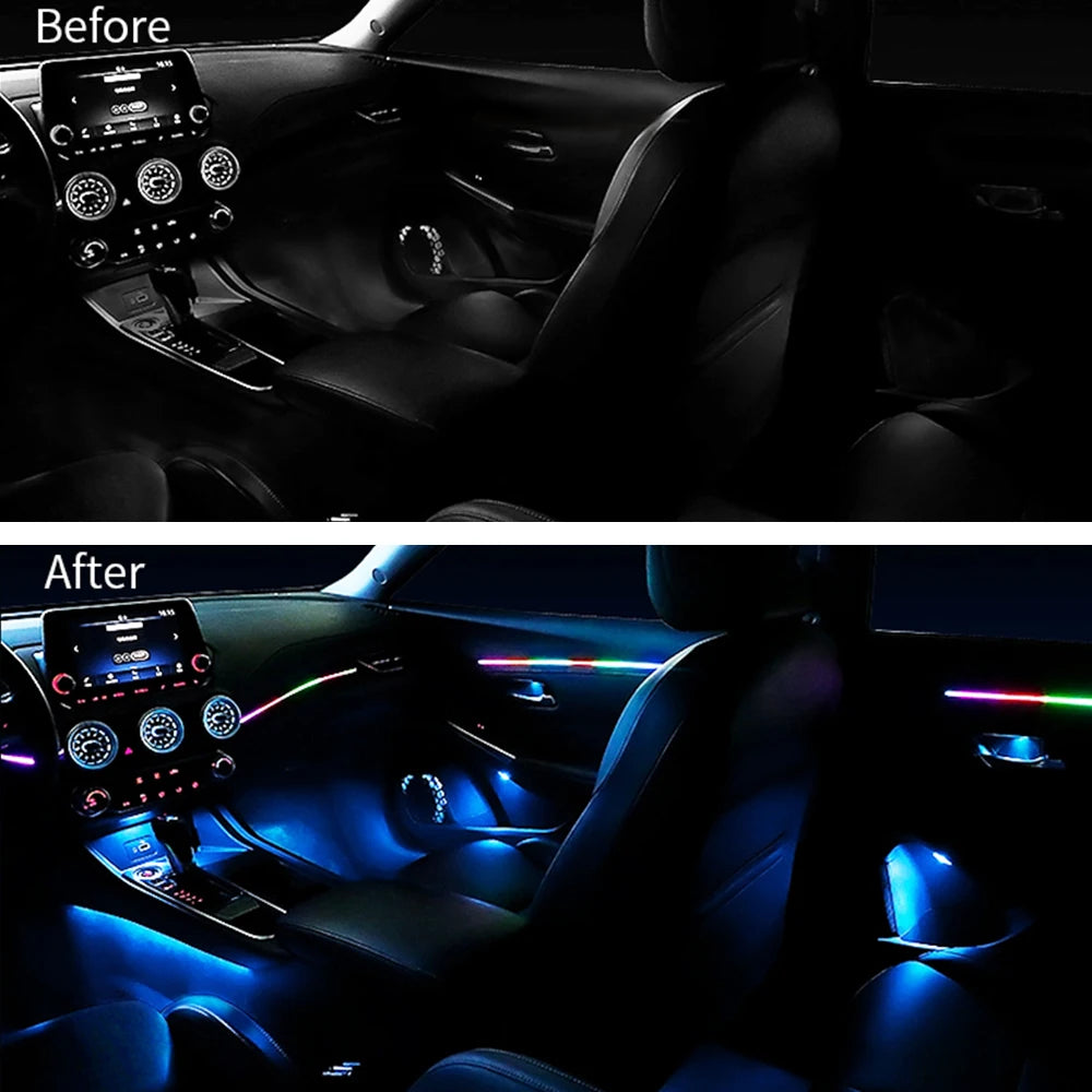 Vorher-Nachher-Vergleich von 18-in-1 RGB Ambient-LED-Streifen in der Auto-Innenausstattung.