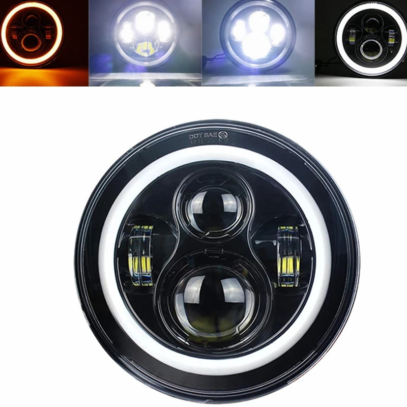 A close-up view of a 7 inch motorcycle LED headlight assembly with multiple light elements.