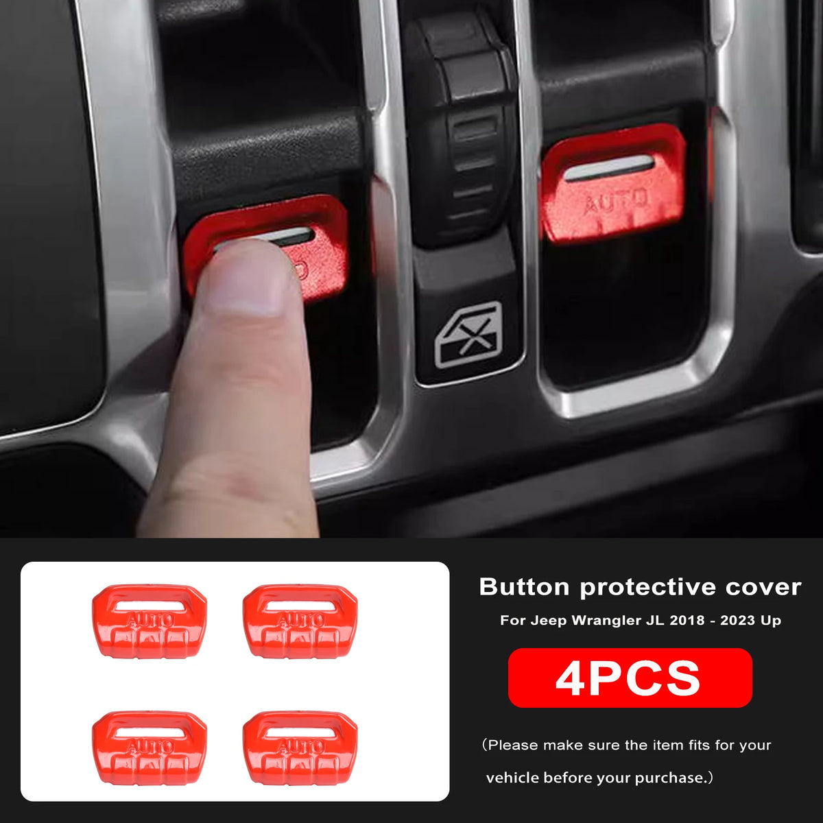 Red button protective covers for Jeep Wrangler window controls shown in a vehicle interior.