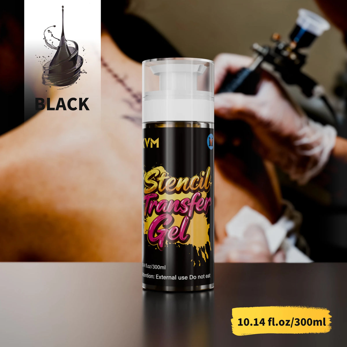 A bottle of black stencil transfer gel is shown on a dark surface next to a person's arm being tattooed.