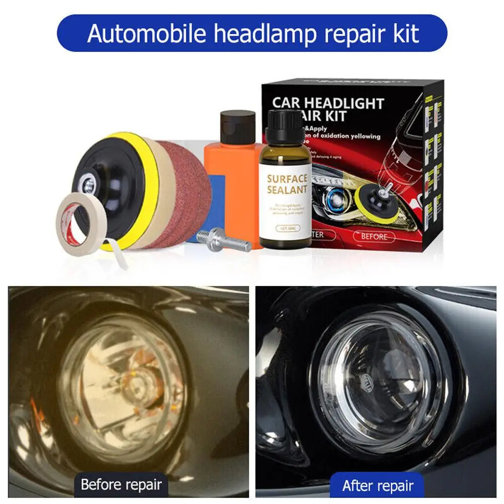 Kit de réparation de phares automobiles montrant les composants, un phare restauré avant et après.