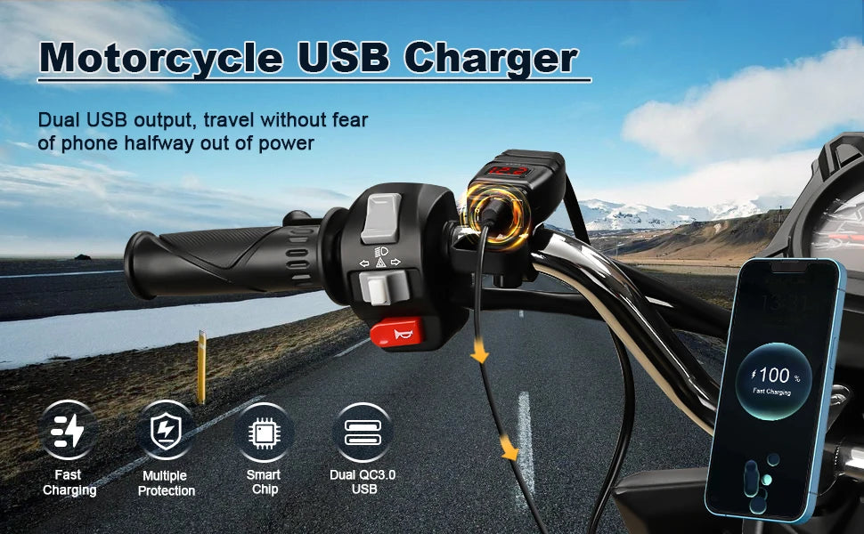 محول شاحن USB للدراجة النارية يُشحن هاتفًا ذكيًا.
