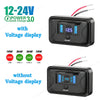 A black 4-port USB charger with an on/off switch and a voltage display, shown in two versions.