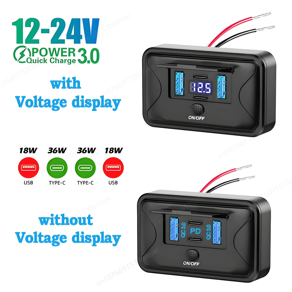 A black 4-port USB charger with an on/off switch and a voltage display, shown in two versions.
