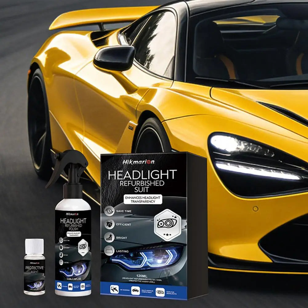Gelbes Sportauto mit refurbished Scheinwerfer-Produktbox und Flasche.