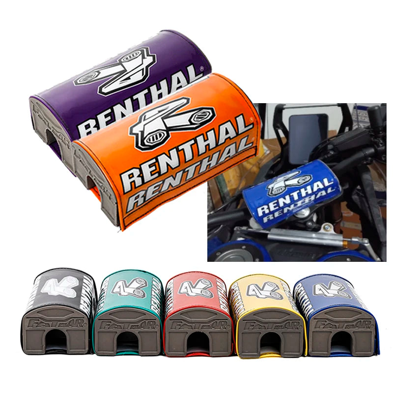 A set of colorful rental motorcycle handlebar foam chest protector pads in various colors and designs.