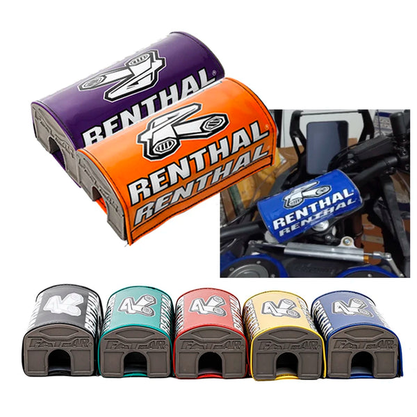 A set of colorful rental motorcycle handlebar foam chest protector pads in various colors and designs.