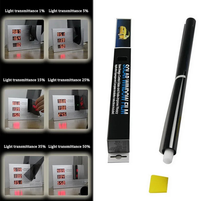 Muestras de película para ventanas reflectantes y bloqueadoras de calor, mostrando porcentajes de transmisión de luz.