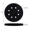Black abrasive interface pads with 5-inch diameter and 0.4-inch holes, shown next to a 0.5-inch disk.