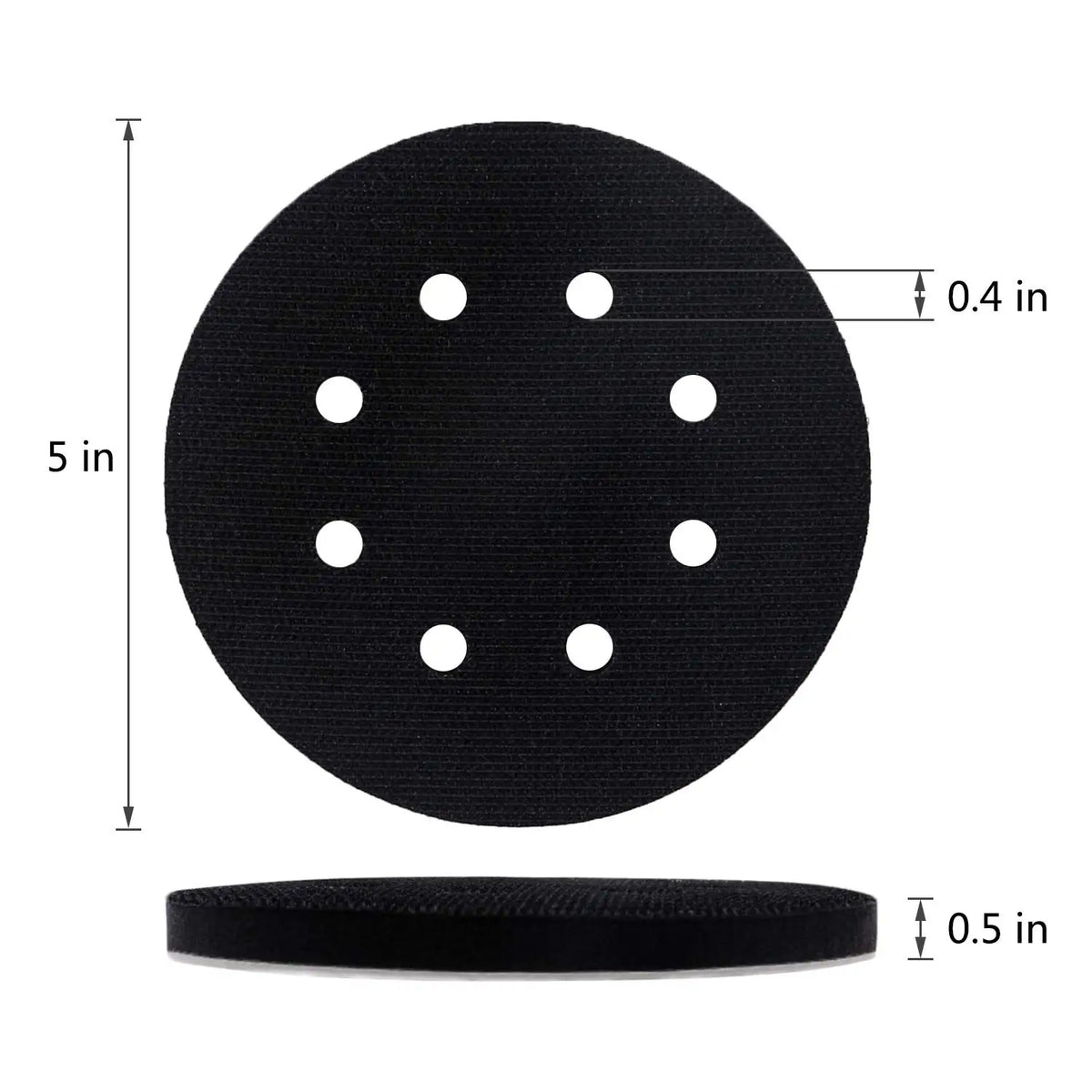 Black abrasive interface pads with 5-inch diameter and 0.4-inch holes, shown next to a 0.5-inch disk.