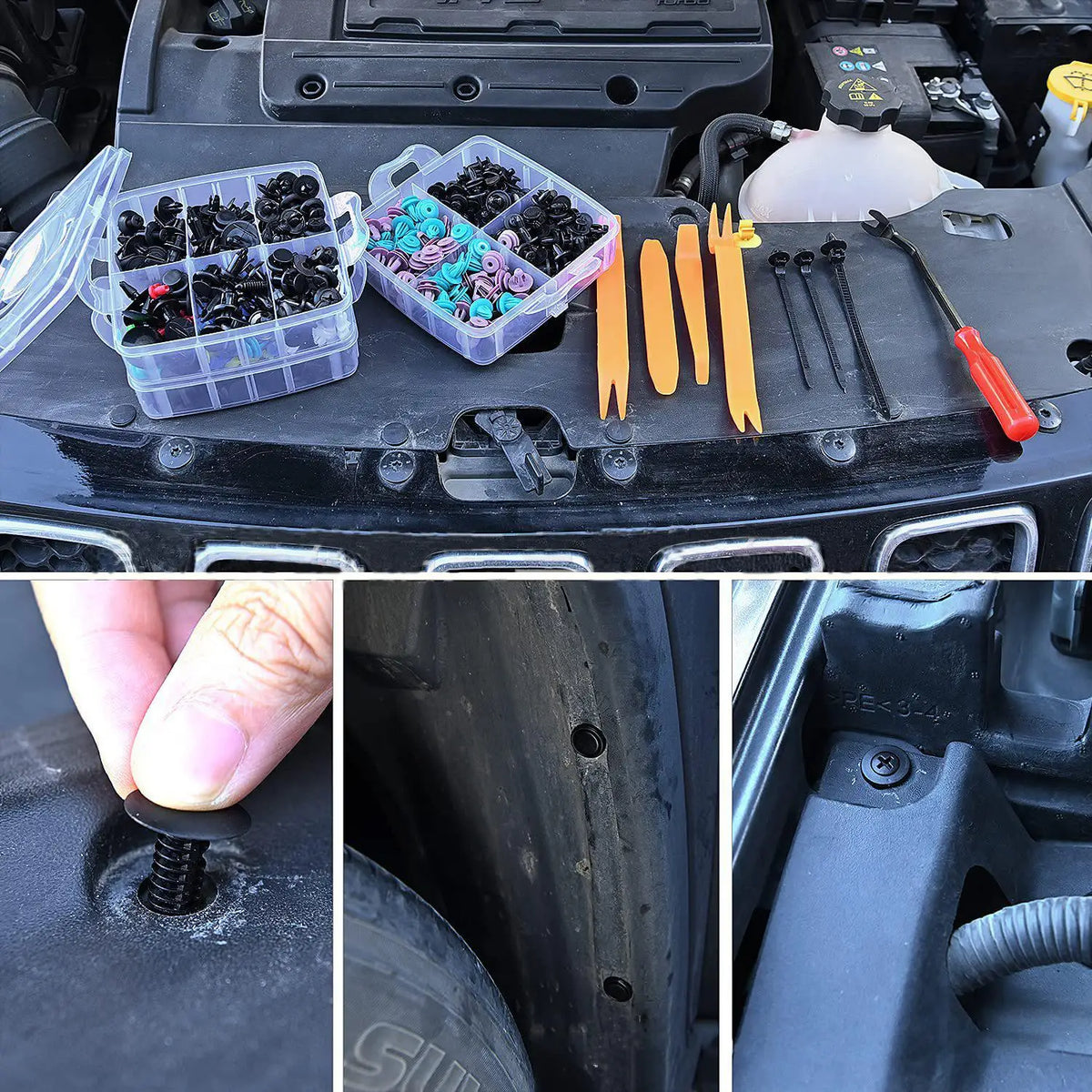 A close-up view of universal auto fastener clips and related tools for body trim installation.