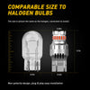 A comparison showing a red LED strobe brake light bulb next to a halogen bulb, highlighting their comparable size and non-pol