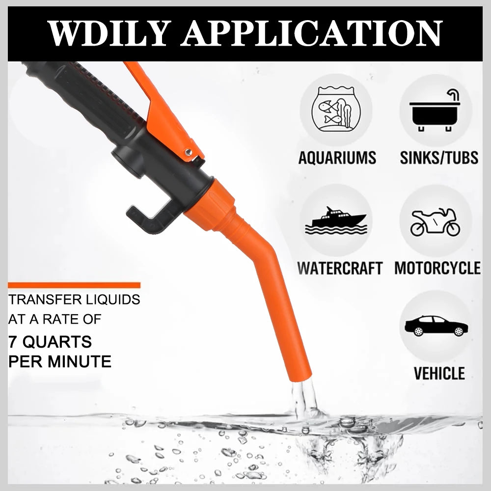 An orange portable electric fuel transfer pump is shown dispensing liquid into water.