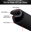 Close-up diagram showing the layered design of a special B-pillar car door weatherstrip including buckle, steel strip reinfor