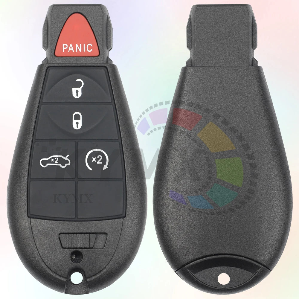 A black smart remote car key featuring a panic button, lock buttons, and a KYMX logo.