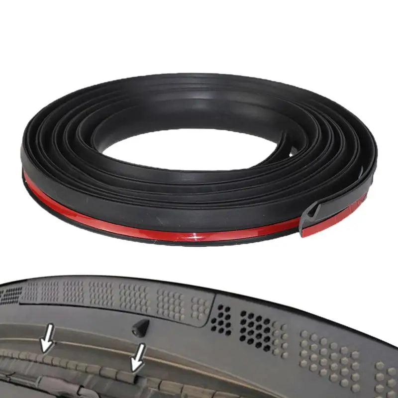 A roll of black and red flexible windshield seal strip for noise reduction.