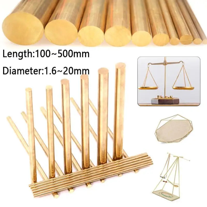 A collection of brass round rods of various lengths and diameters used for DIY craft and jewelry making.