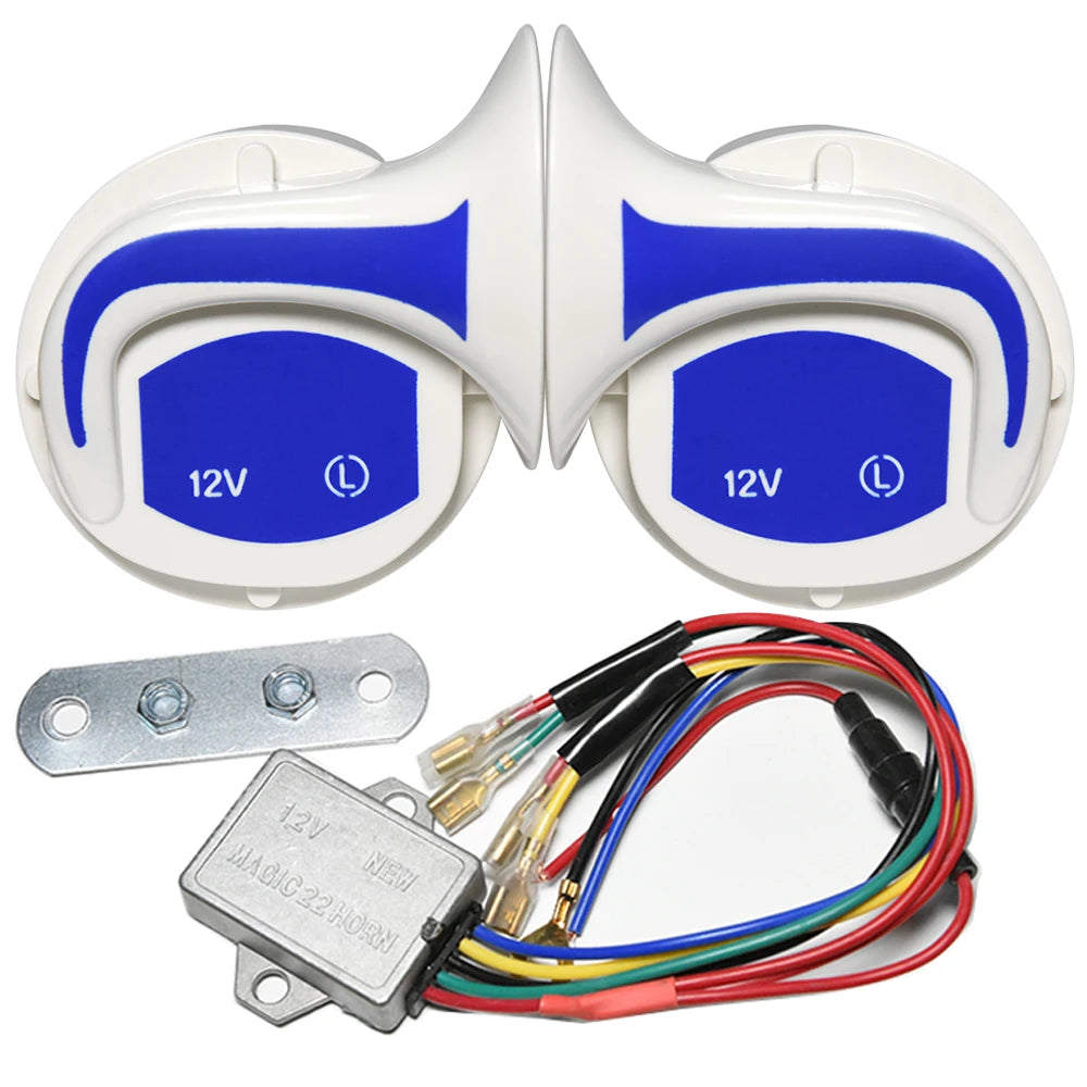 A pair of white electric air horn units with blue accents and a set of connecting wires.