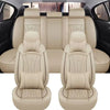 Two beige premium PU leather car seat covers shown in a vehicle interior.
