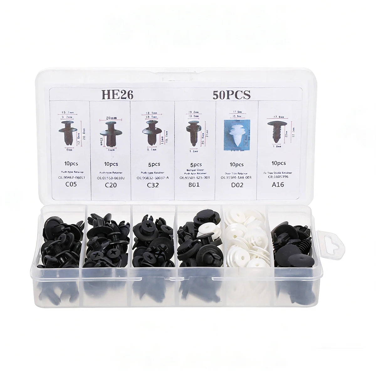 A clear plastic box containing various auto fastener clips and hardware for car body trim.