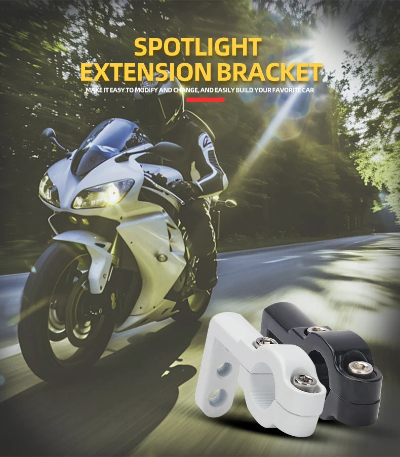 A spotlight extension bracket for a motorcycle is shown next to the installed product.