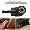 A close-up view of a professional flexible drill bit extension set component and a hand using it to drill into wood.