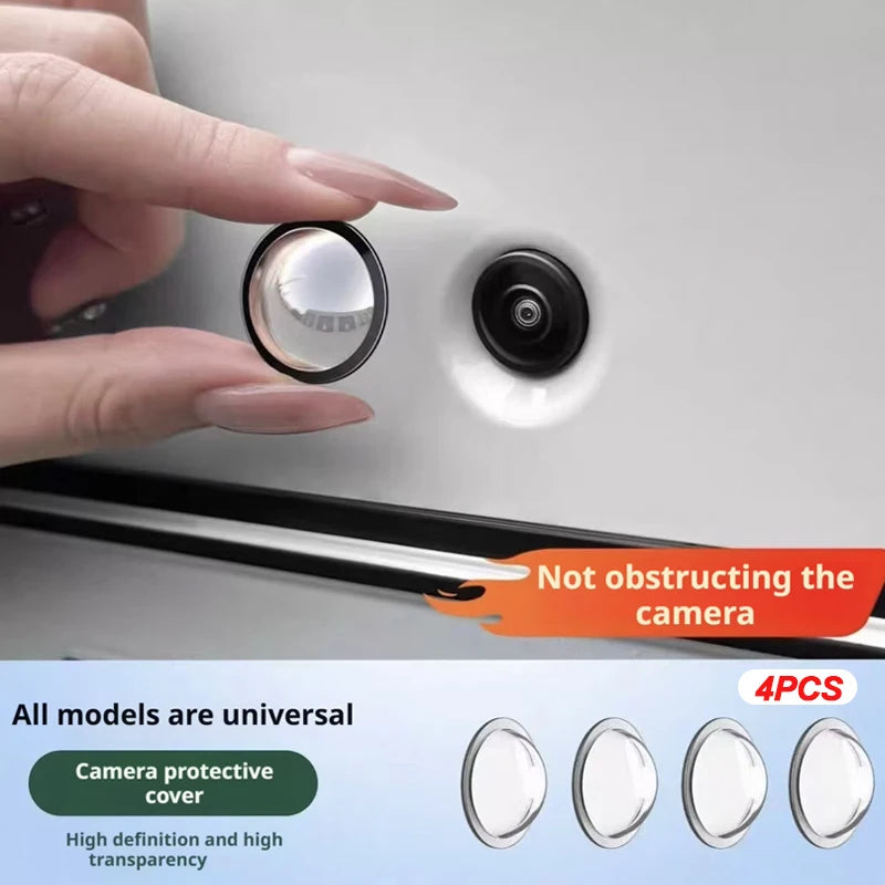 A hand is placing a clear camera lens protector onto a car camera, emphasizing its high definition and transparency.