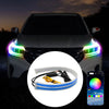 An RGB DRL LED light strip is shown inside a circular frame, with an automotive headlight assembly in the background.
