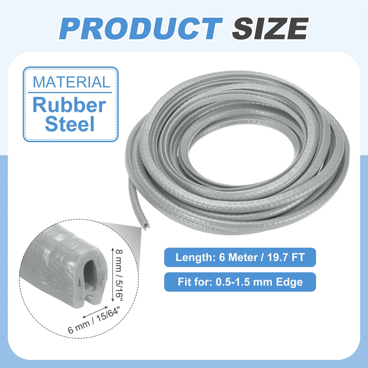 Barra de acero de goma gris para moldura, con dimensiones de 6 mm por 8 mm y una longitud de 6 metros