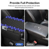 Before and after comparison of a luxury diamond grid car console cover protecting an armrest box.