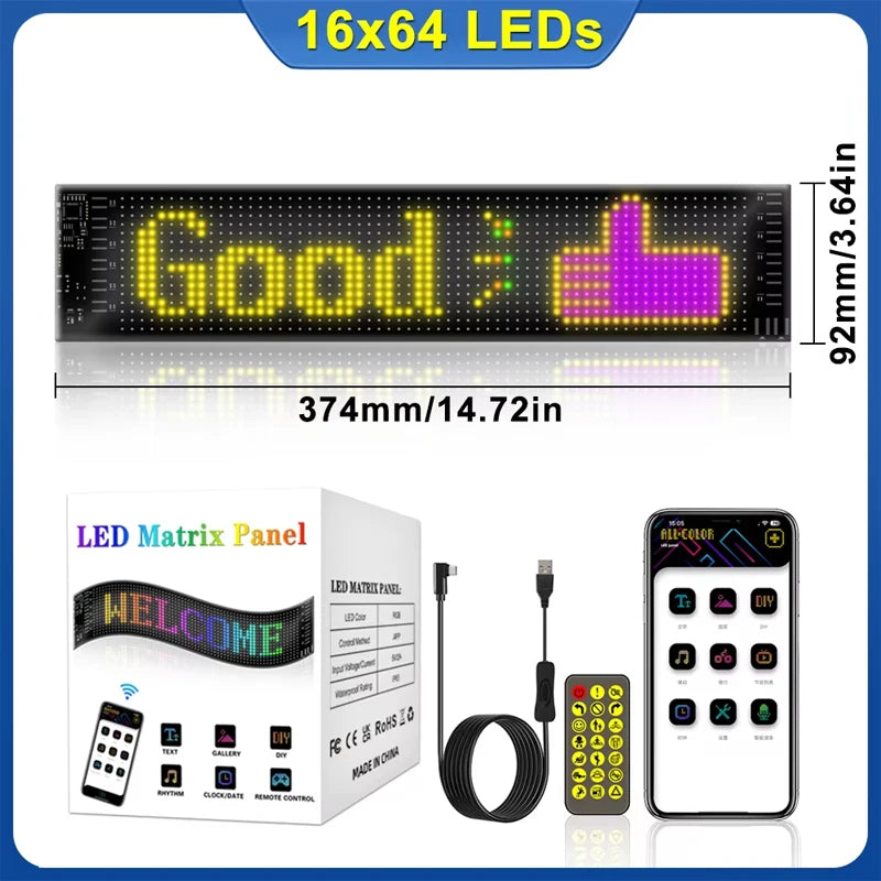 A 2-in-1 LED Matrix Panel light displaying the word Good and a thumbs up, shown with an accompanying smartphone.