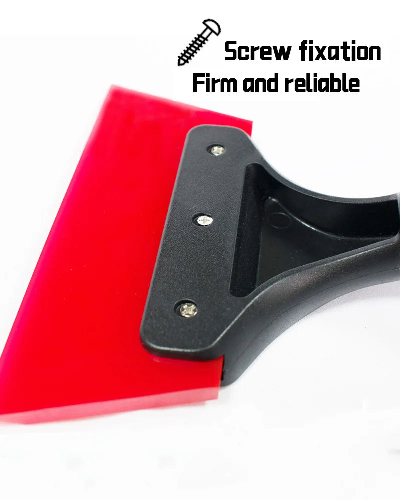 A red silicone scraper kit is shown with a black grip, emphasizing firm and reliable screw fixation.
