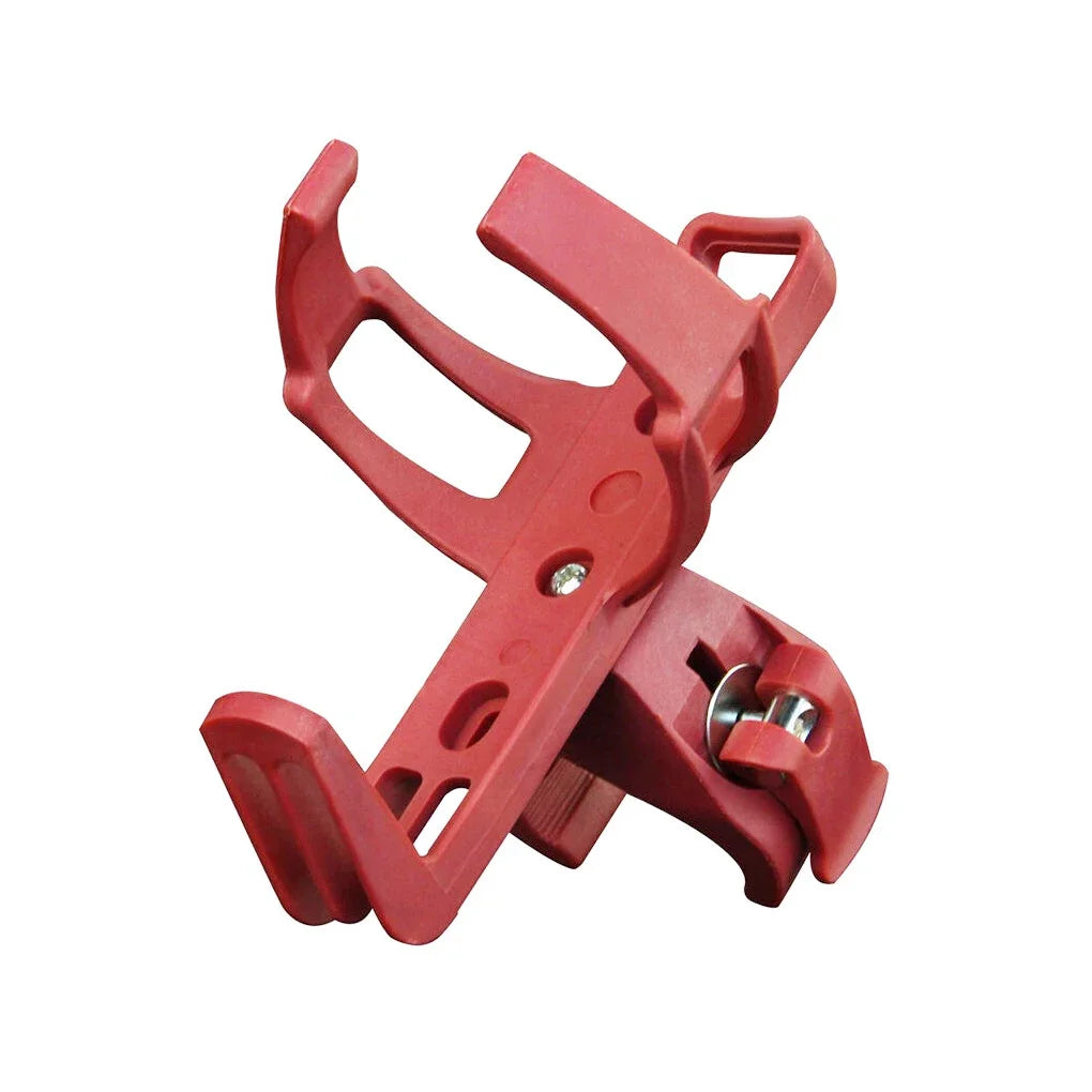 A red rotatable bicycle water bottle cage designed to secure bottles on a bike frame.