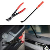 A precision plastic trim and rivet removal tool kit with red handles and black jaws shown in use on a car door panel.