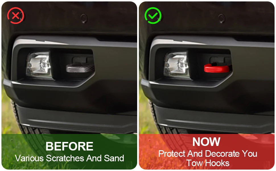 Before and after comparison of silicone tow hook covers on a truck's light assembly.