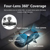 Diagram showing a four-lens 360 degree camera system monitoring a vehicle from various angles.