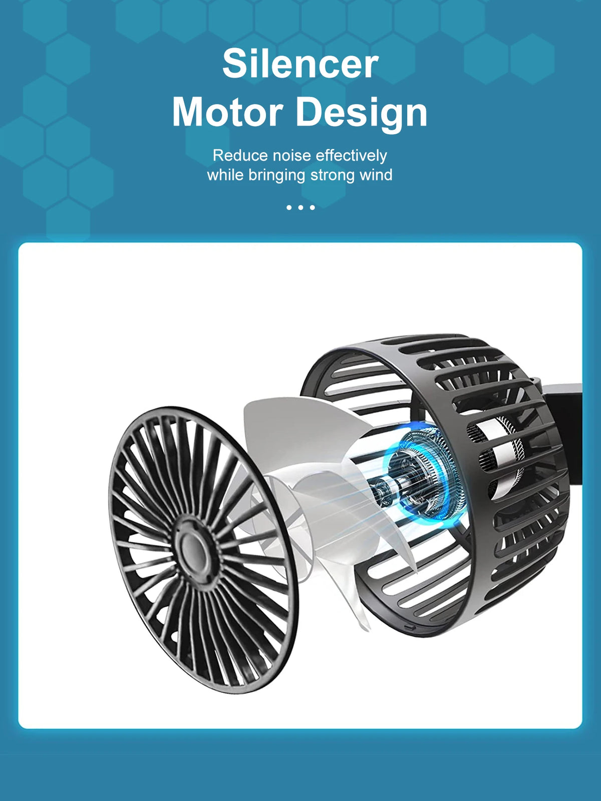 A close-up view of a silencer motor design for a car cooling fan showing the internal components.