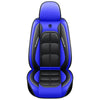 A blue universal leather car seat cover with black accents shown from the back.