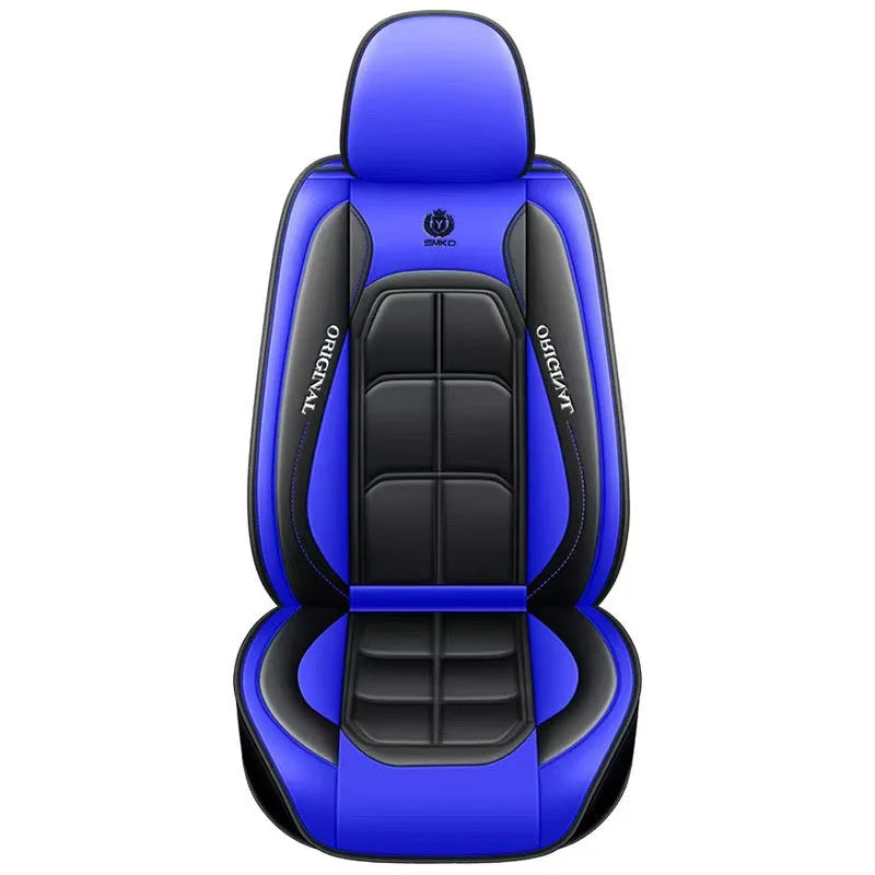 A blue universal leather car seat cover with black accents shown from the back.