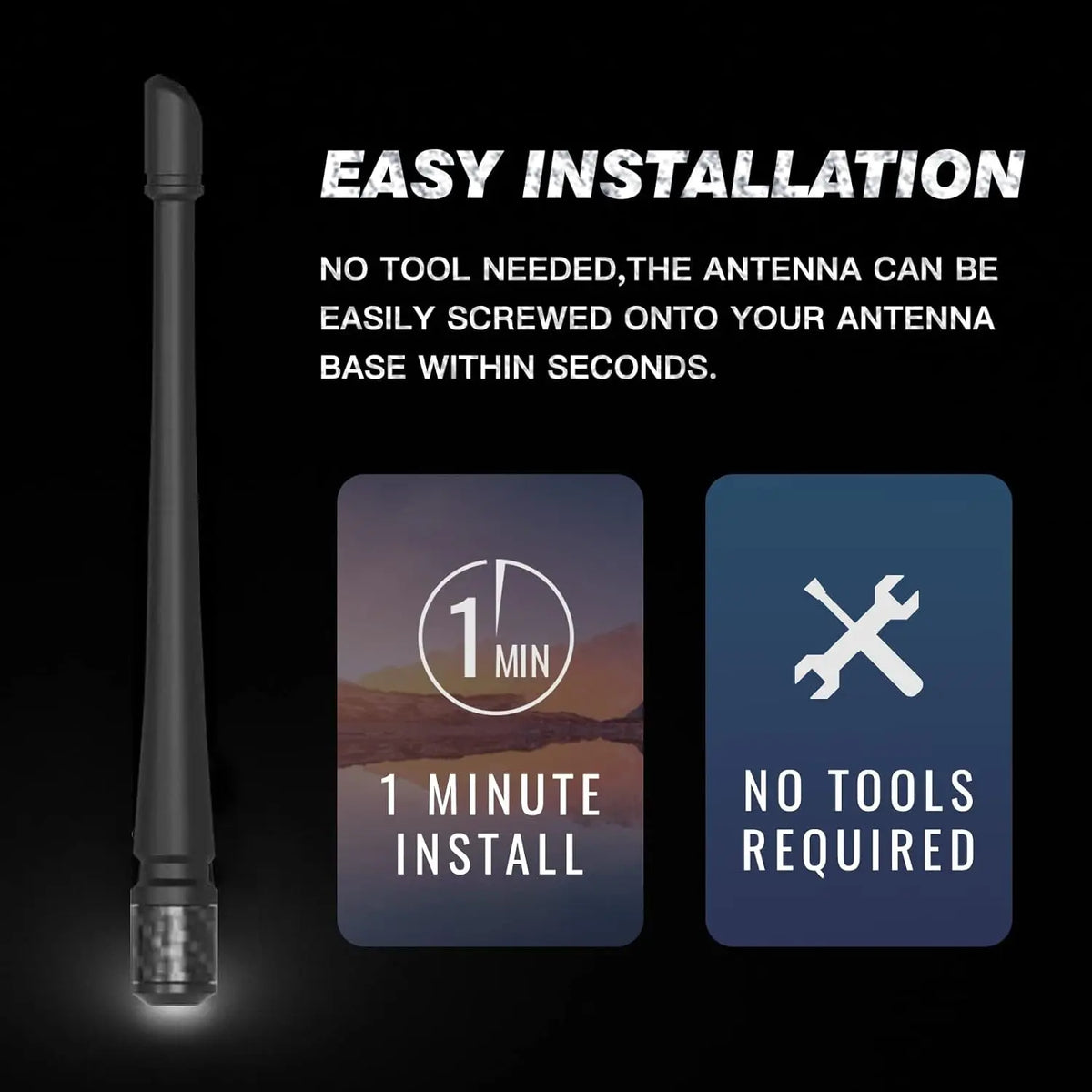 Antenne en caoutchouc noir flexible avec instructions pour une installation facile sur une base d'antenne.