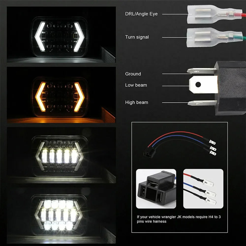 A set of square LED headlights, including a turn signal and high/low beam, designed for Wrangler JK vehicles.